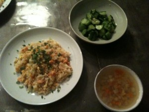fried rice, soup and cucumber