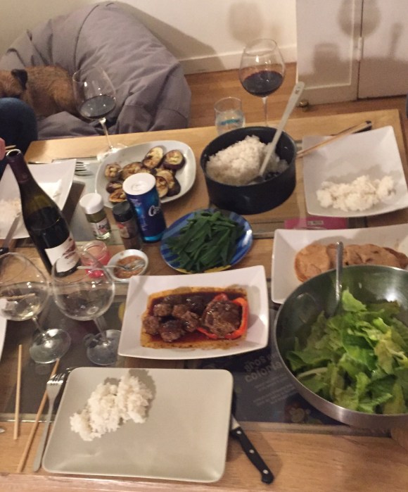 Ginger pork, Hamburg steak with my mum's special sauce, Boiled green Moroccan beans, Fried Aubergine, Iceberg Salad, Tokyo Rice