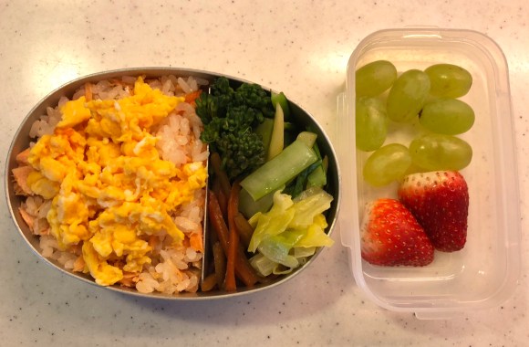 Grilled salmon mixed in rice, Kinpira gobo (stir fried burdock root & carrot), Steamed cabbage, Stir-fried potato & komatsuna, Boiled roccoli sticks